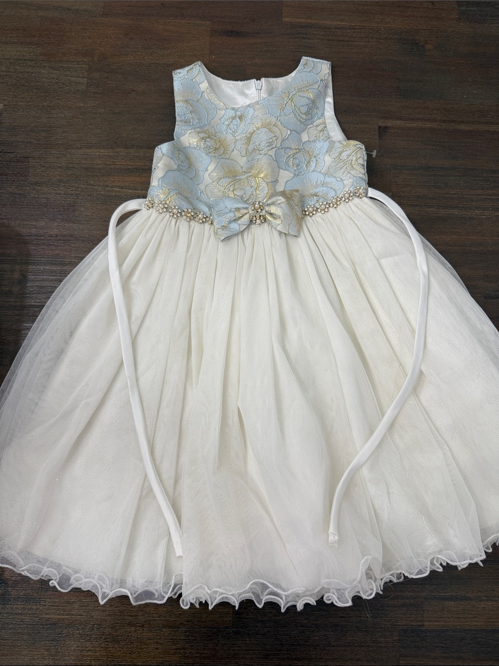 American Princess Blue and Ivory Floral Bow Tulle Dress